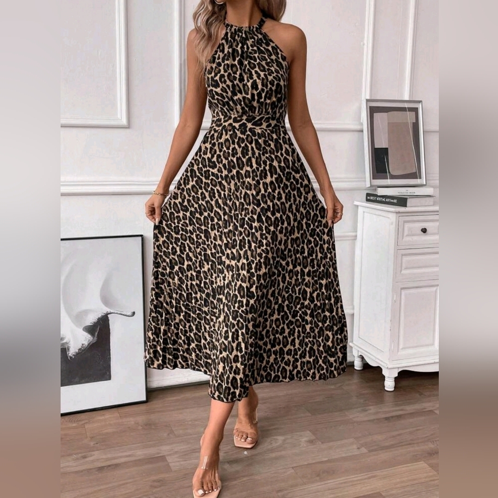 New Chic Strappy Halter Leopard Print Dress Pleated Sleeveless Tan Brown Black - Picture 3 of 8